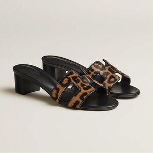 Hermes Oasis Sandals in Gold / Noir Leopard Print (SOLD OUT)